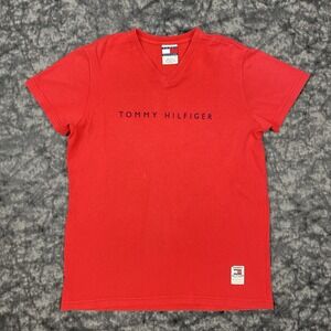Tommy Hilfiger TShirt Mens Size M Spellout Logo V-neck VTG 90s Made in USA